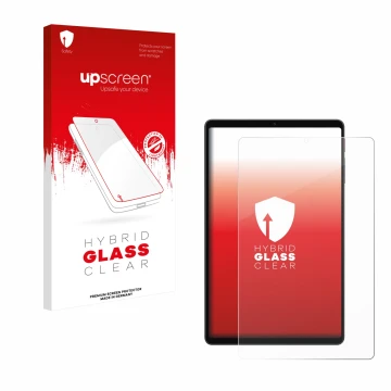 Parte frontal de un envase de producto con el logotipo de la marca upscreen. Al lado se muestra el dispositivo Alldocube iPlay