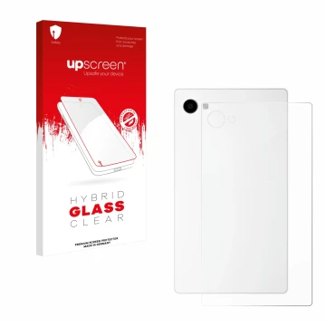 Parte frontal de un envase de producto con el logotipo de la marca upscreen. Al lado se muestra el dispositivo The Minimal Com
