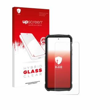 Parte frontal de un envase de producto con el logotipo de la marca upscreen. Al lado se muestra el dispositivo Ulefone Armor 2