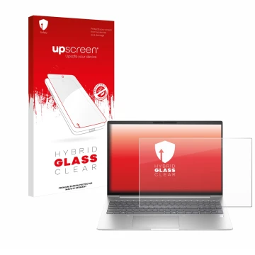 Parte frontal de un envase de producto con el logotipo de la marca upscreen. Al lado se muestra el dispositivo HP EliteBook 6 