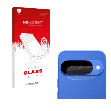 Parte frontal de un envase de producto con el logotipo de la marca upscreen. Al lado se muestra el dispositivo Google Pixel 10