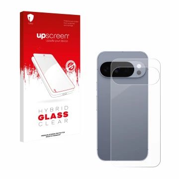 Parte frontal de un envase de producto con el logotipo de la marca upscreen. Al lado se muestra el dispositivo Google Pixel 10