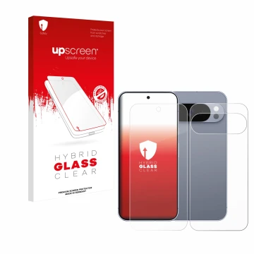 Parte frontal de un envase de producto con el logotipo de la marca upscreen. Al lado se muestra el dispositivo Google Pixel 10