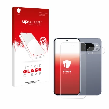 Parte frontal de un envase de producto con el logotipo de la marca upscreen. Al lado se muestra el dispositivo Google Pixel 10