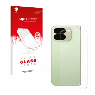 Parte frontal de un envase de producto con el logotipo de la marca upscreen. Al lado se muestra el dispositivo Google Pixel 10