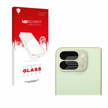 Parte frontal de un envase de producto con el logotipo de la marca upscreen. Al lado se muestra el dispositivo Google Pixel 10