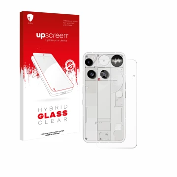 Parte frontal de un envase de producto con el logotipo de la marca upscreen. Al lado se muestra el dispositivo Nothing Phone (