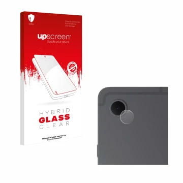 Parte frontal de un envase de producto con el logotipo de la marca upscreen. Al lado se muestra el dispositivo Samsung Galaxy 