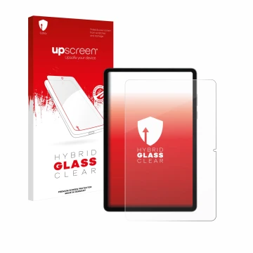 Parte frontal de un envase de producto con el logotipo de la marca upscreen. Al lado se muestra el dispositivo Samsung Galaxy 