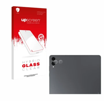 Parte frontal de un envase de producto con el logotipo de la marca upscreen. Al lado se muestra el dispositivo Samsung Galaxy 