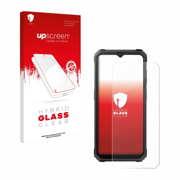Parte frontal de un envase de producto con el logotipo de la marca upscreen. Al lado se muestra el dispositivo Blackview BV480
