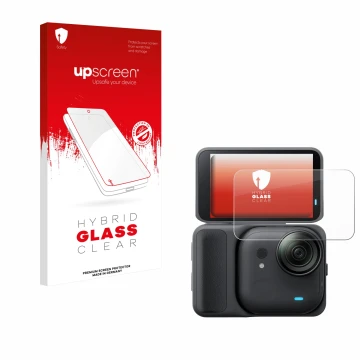 Parte frontal de un envase de producto con el logotipo de la marca upscreen. Al lado se muestra el dispositivo Insta360 Go Ult
