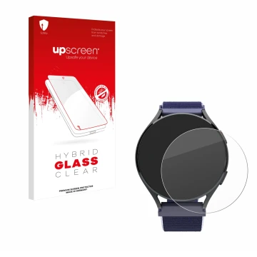 Parte frontal de un envase de producto con el logotipo de la marca upscreen. Al lado se muestra el dispositivo Patronus Notfal