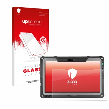 Parte frontal de un envase de producto con el logotipo de la marca upscreen. Al lado se muestra el dispositivo Getac F110 G7 c
