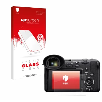 Parte frontal de un envase de producto con el logotipo de la marca upscreen. Al lado se muestra el dispositivo Sony Cinema Lin