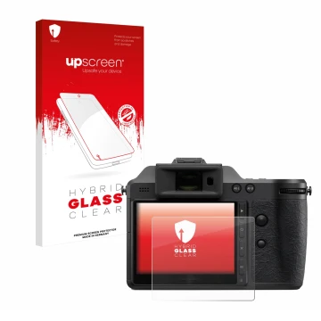 Parte frontal de un envase de producto con el logotipo de la marca upscreen. Al lado se muestra el dispositivo Hasselblad X2D 