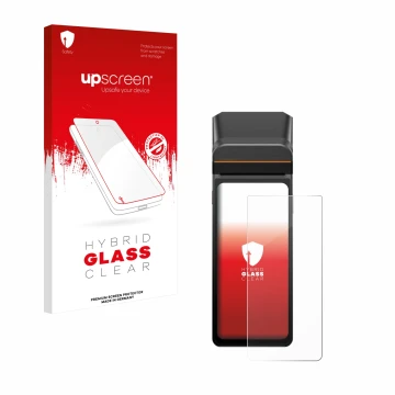 Parte frontal de un envase de producto con el logotipo de la marca upscreen. Al lado se muestra el dispositivo Sunmi V3H con s