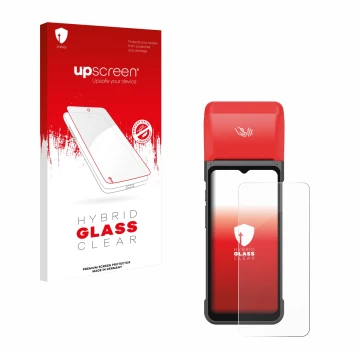 Parte frontal de un envase de producto con el logotipo de la marca upscreen. Al lado se muestra el dispositivo iMin Swift 2 Pr