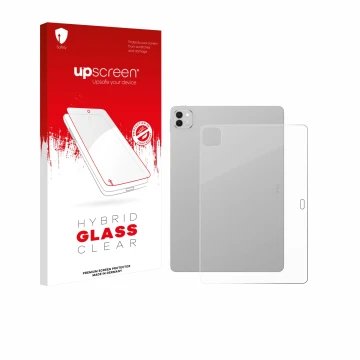 Parte frontal de un envase de producto con el logotipo de la marca upscreen. Al lado se muestra el dispositivo Honor Magicpad 