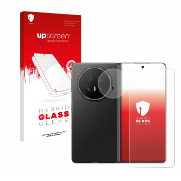 Parte frontal de un envase de producto con el logotipo de la marca upscreen. Al lado se muestra el dispositivo Honor Magic V5 