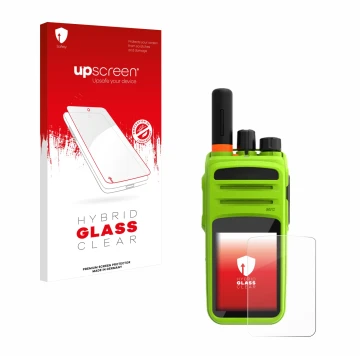 Parte frontal de un envase de producto con el logotipo de la marca upscreen. Al lado se muestra el dispositivo Talkpod N58 Plu