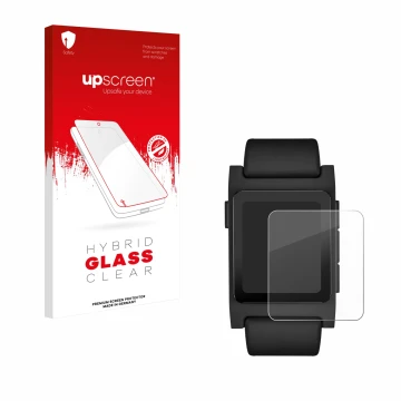 Parte frontal de un envase de producto con el logotipo de la marca upscreen. Al lado se muestra el dispositivo Pebble 2 Duo 20
