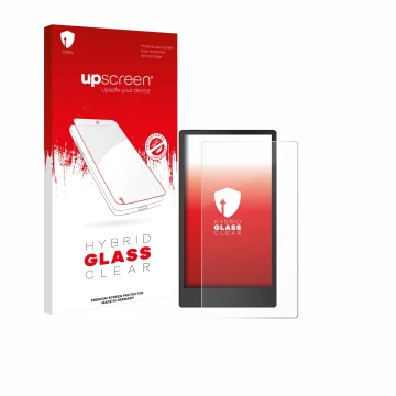 Parte frontal de un envase de producto con el logotipo de la marca upscreen. Al lado se muestra el dispositivo reMarkable Pape