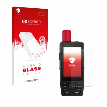 Parte frontal de un envase de producto con el logotipo de la marca upscreen. Al lado se muestra el dispositivo Garmin GPSMAP H