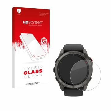 Parte frontal de un envase de producto con el logotipo de la marca upscreen. Al lado se muestra el dispositivo Garmin Fenix 8 