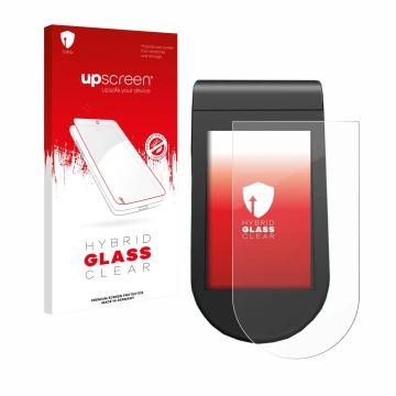 Parte frontal de un envase de producto con el logotipo de la marca upscreen. Al lado se muestra el dispositivo SoFlow SO4 Pro 