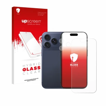 Parte frontal de un envase de producto con el logotipo de la marca upscreen. Al lado se muestra el dispositivo Apple iPhone 17