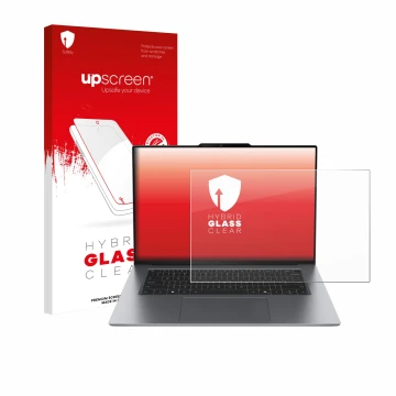 Parte frontal de un envase de producto con el logotipo de la marca upscreen. Al lado se muestra el dispositivo Lenovo ThinkPad