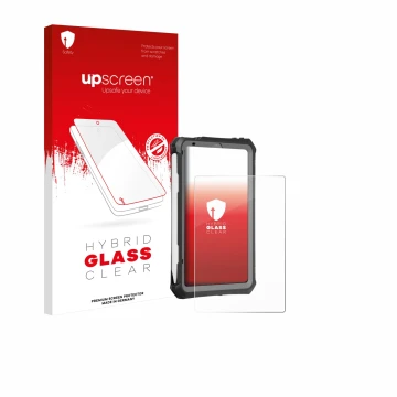 Parte frontal de un envase de producto con el logotipo de la marca upscreen. Al lado se muestra el dispositivo Apple iPad Mini