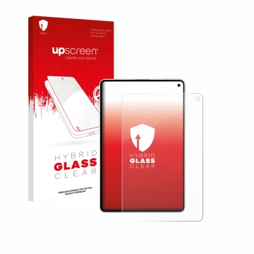 Parte frontal de un envase de producto con el logotipo de la marca upscreen. Al lado se muestra el dispositivo Huawei MatePad 