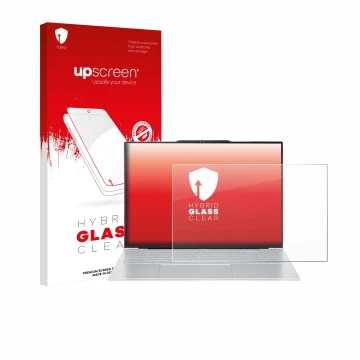 Parte frontal de un envase de producto con el logotipo de la marca upscreen. Al lado se muestra el dispositivo Acer Swift Air 