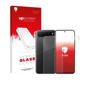 Parte frontal de un envase de producto con el logotipo de la marca upscreen. Al lado se muestra el dispositivo Nubia Air (Fron