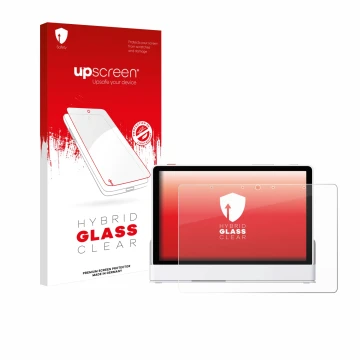 Parte frontal de un envase de producto con el logotipo de la marca upscreen. Al lado se muestra el dispositivo eufy Smart Disp