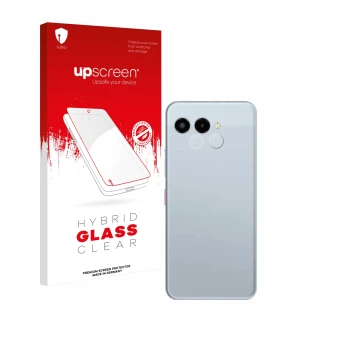 Parte frontal de un envase de producto con el logotipo de la marca upscreen. Al lado se muestra el dispositivo Telekom T Phone