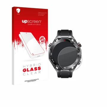 Parte frontal de un envase de producto con el logotipo de la marca upscreen. Al lado se muestra el dispositivo Huawei Watch Ul