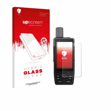 Parte frontal de un envase de producto con el logotipo de la marca upscreen. Al lado se muestra el dispositivo Garmin GPSMAP H
