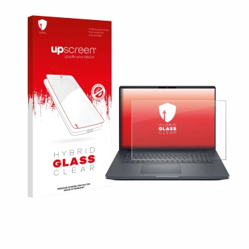 Parte frontal de un envase de producto con el logotipo de la marca upscreen. Al lado se muestra el dispositivo Dell Pro Max 18