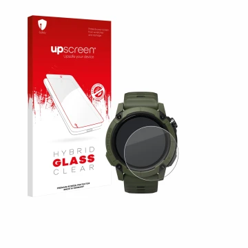 Parte frontal de un envase de producto con el logotipo de la marca upscreen. Al lado se muestra el dispositivo Coros NOMAD con