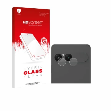 Parte frontal de un envase de producto con el logotipo de la marca upscreen. Al lado se muestra el dispositivo Sony Xperia 10 
