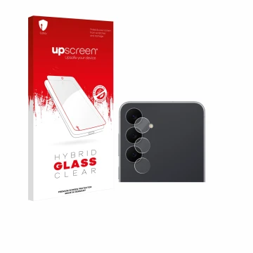 Parte frontal de un envase de producto con el logotipo de la marca upscreen. Al lado se muestra el dispositivo Samsung Galaxy 