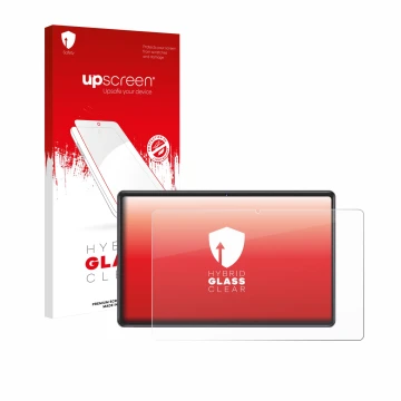 Parte frontal de un envase de producto con el logotipo de la marca upscreen. Al lado se muestra el dispositivo ZIOVO Z118 10.1