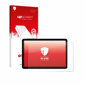 Parte frontal de un envase de producto con el logotipo de la marca upscreen. Al lado se muestra el dispositivo Tabwee T80 10.1