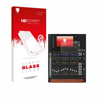 Parte frontal de un envase de producto con el logotipo de la marca upscreen. Al lado se muestra el dispositivo Behringer Wing 