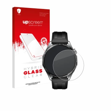 Parte frontal de un envase de producto con el logotipo de la marca upscreen. Al lado se muestra el dispositivo Huawei Watch GT
