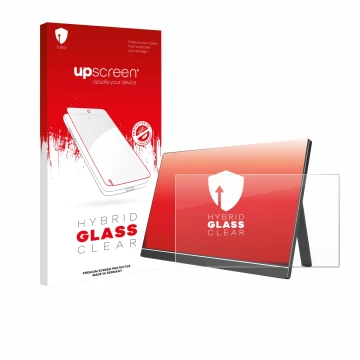 Parte frontal de un envase de producto con el logotipo de la marca upscreen. Al lado se muestra el dispositivo Arzopa ‎60HZ/A1