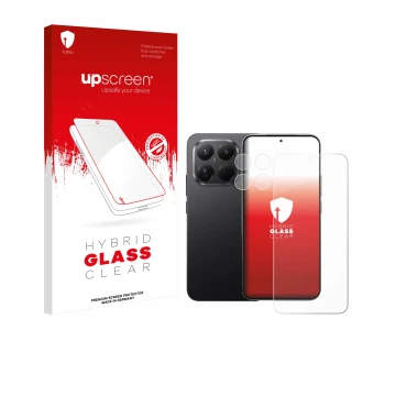 Parte frontal de un envase de producto con el logotipo de la marca upscreen. Al lado se muestra el dispositivo Xiaomi 15T Pro 